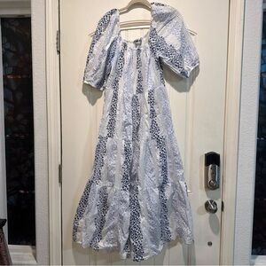 Zara embroidered tiered White and Navy Patterned Dress